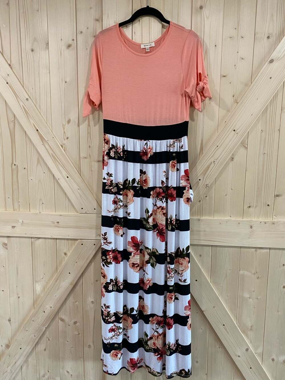 Hailey & Co. Short Sleeve Tie Sleeve Coral Top Black White Floral Stripe Maxi Dr